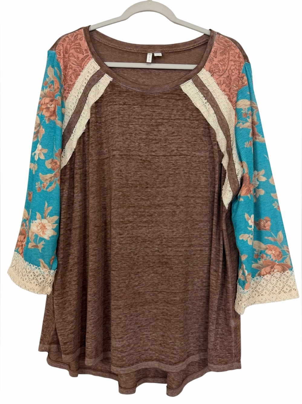 Cato Brown Boho Tunic Top Raglan Sleeves Mixed Media Fall Colors Size 22/24